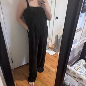 ARULA Black Pleated Wide-Leg Jumpsuit with Straps